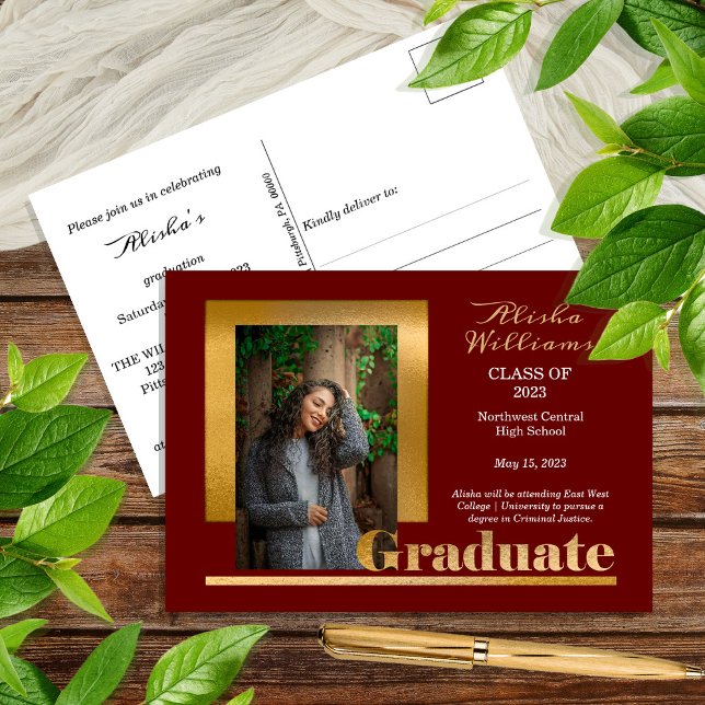 Carte Postale Classy Elegant Gold Texte Gradué 1 Photo Maroon (Créateur téléchargé)