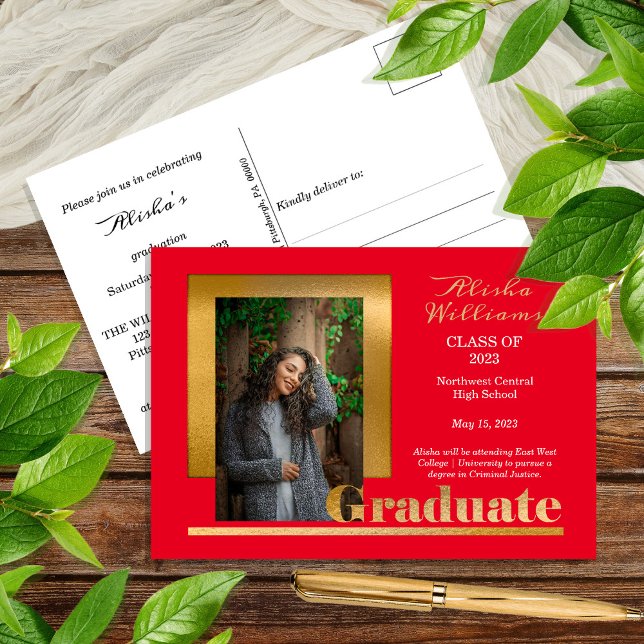 Carte Postale Classy Elegant Gold Texte Gradué 1 Photo Rouge (Créateur téléchargé)