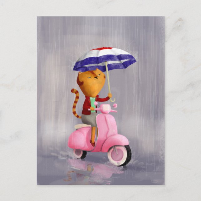 Carte Postale Classy Kitty Chat sur scooter rose (Devant)