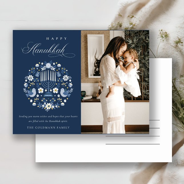 Carte Postale Classy Navy Blue Happy Hanoukka 1 Photo Floral (Créateur téléchargé)