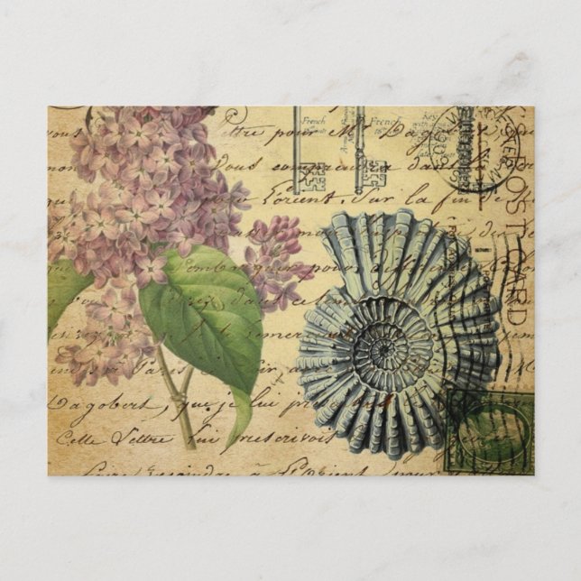 Carte Postale clé steampunk français botanique violet lilas (Devant)