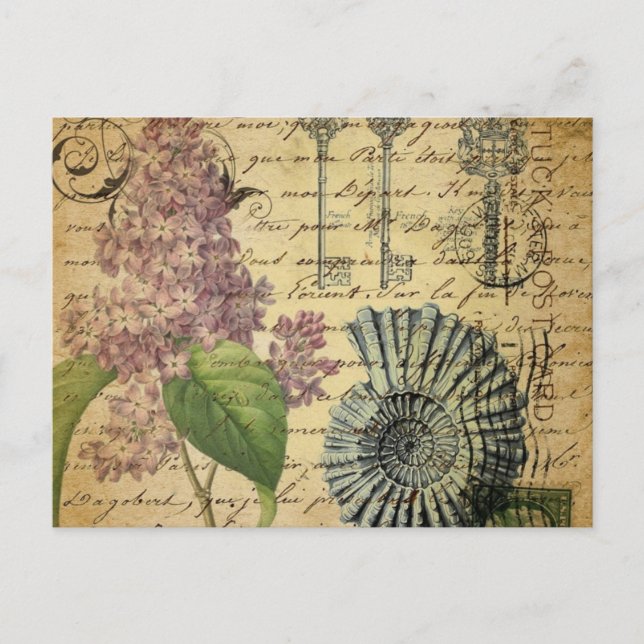 Carte Postale clé steampunk français botanique violet lilas (Devant)