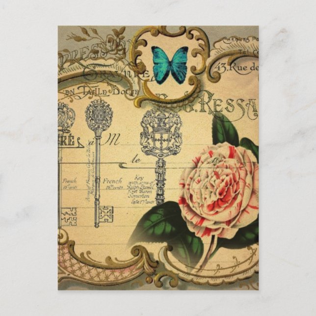 Carte Postale clé steampunk moderne fleur rose vintage camellia (Devant)