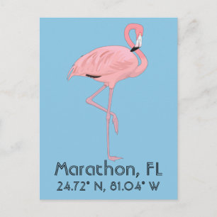 Carte Postale Clés FL Marathon Flamant rose Latitude Longitude