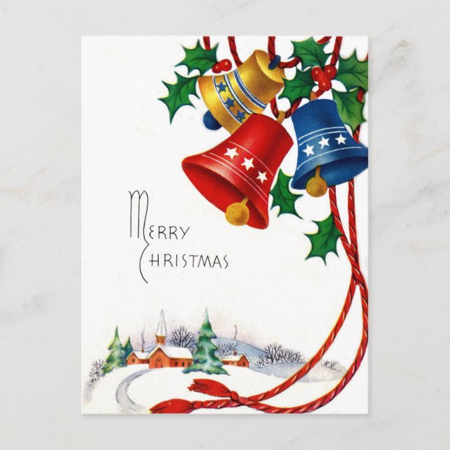 Carte Postale Cloches de Noël et église de village sur la neige  (Devant)