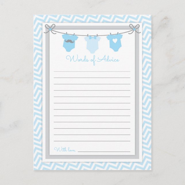 Carte Postale Clothesline Baby shower Mots de conseil bleu-gris (Devant)
