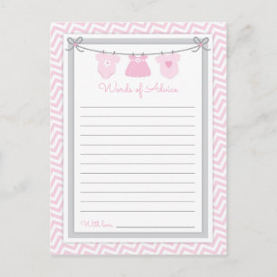 Carte Postale Clothesline Baby shower Mots de conseil rose-gris