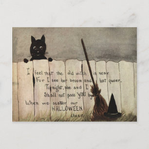 Carte Postale Clôture Chat Noir Balai de Sorcière Chapeau
