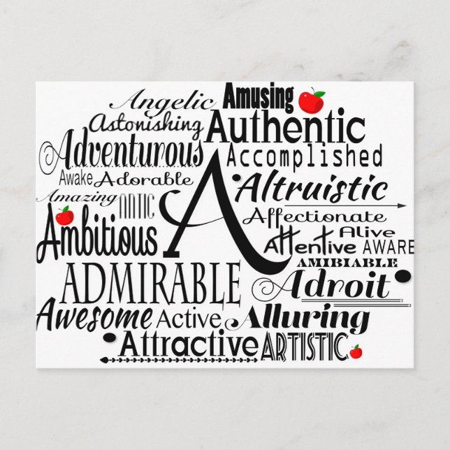 Carte Postale Cloud Word Adjectif commençant par la lettre A (Devant)