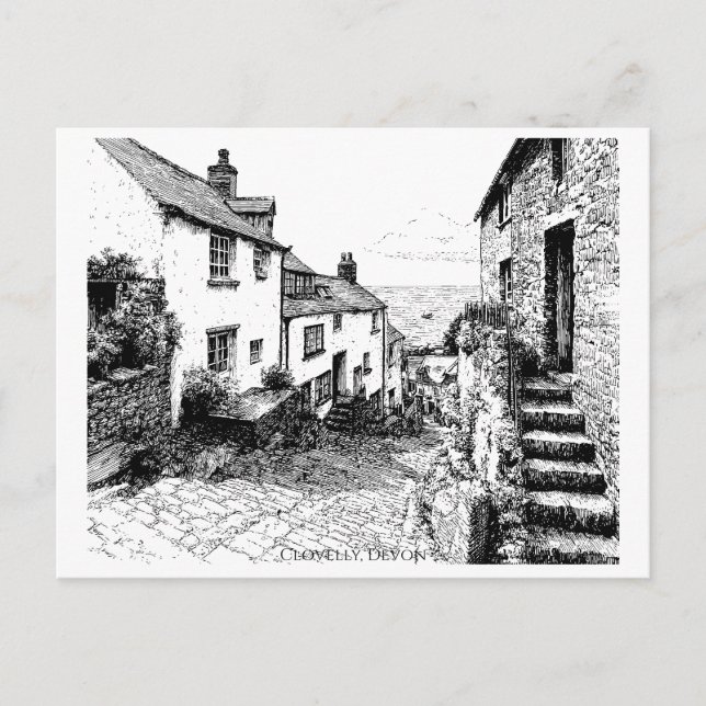Carte Postale Clovelly Village Sketch, Devon Angleterre (Devant)