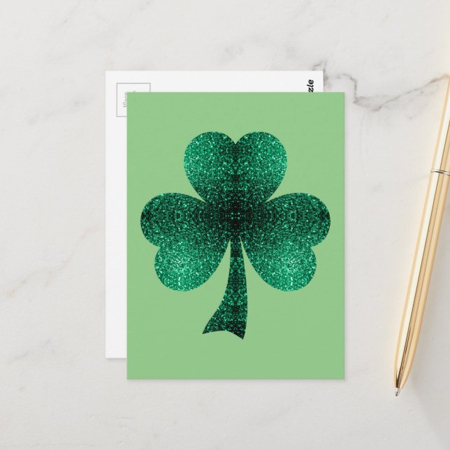 Carte Postale Clover Shamrock Emerald Green Sparkles (Devant/Arrière en situation)