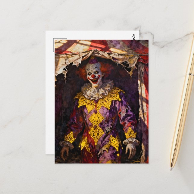 Carte Postale Clown au cirque abandonné (Devant/Arrière en situation)