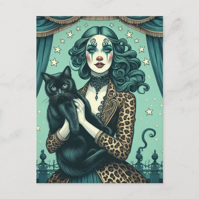 Carte Postale Clown de cirque et un Kitty noir (Devant)