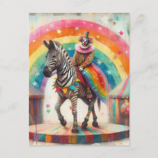 Carte Postale Clown de cirque et zèbre (Devant)