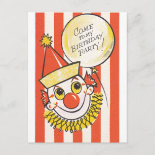 Carte Postale Clown vintage Venez À Ma Fête D'Anniversaire