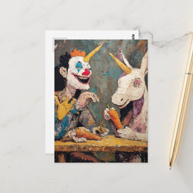 Carte Postale Clown with unicorn  (Devant/Arrière en situation)