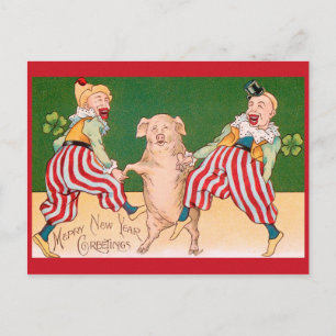 Carte Postale Clowns, cochons et symboles de chance pour la NOUV