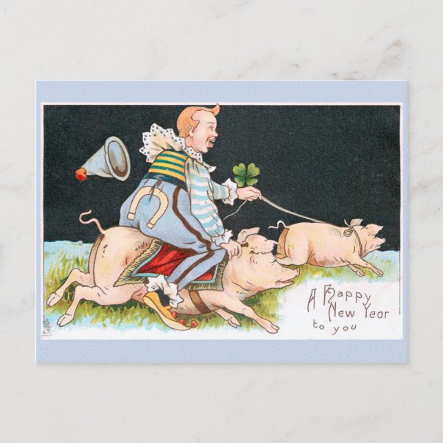 Carte Postale Clowns de Noël, cochons et symboles de chance (Devant)