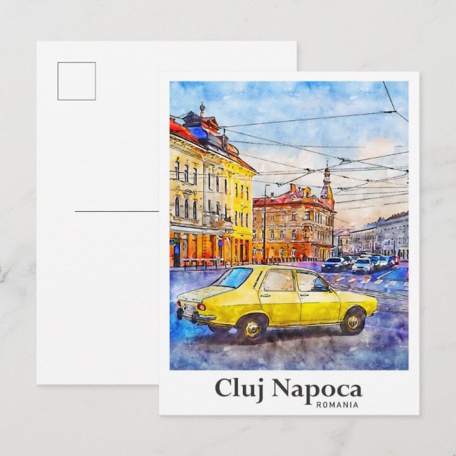 Carte Postale Cluj Napoca Roumanie Voyage Aquarelle main tirée (Devant / Derrière)