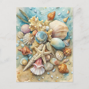 Carte Postale Coastal Beach Seashells Starfish Aquarelle Art