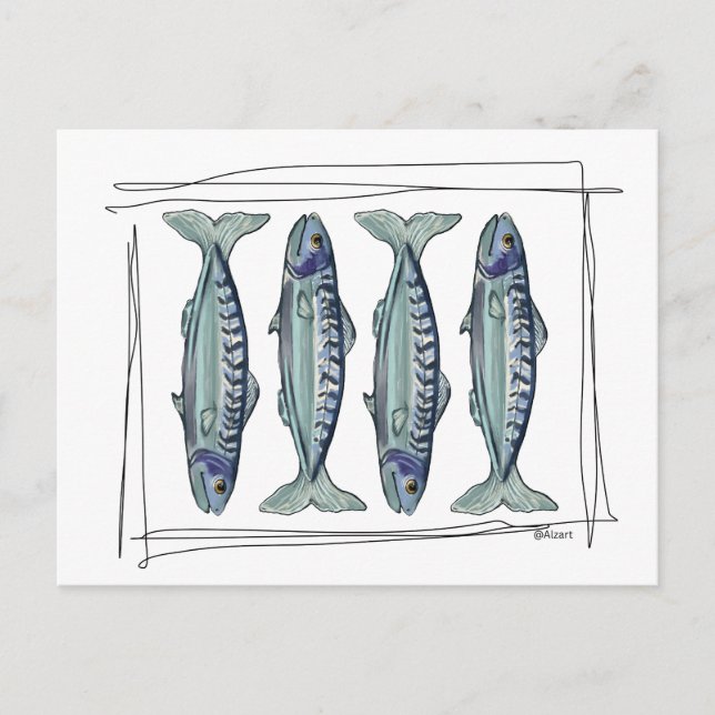 Carte Postale Coastal Blue Mackerel Seamless Ocean Fish Pattern (Devant)