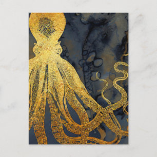 Carte Postale Coastère Vintage Octopus Gold Black Blue Aquarelle