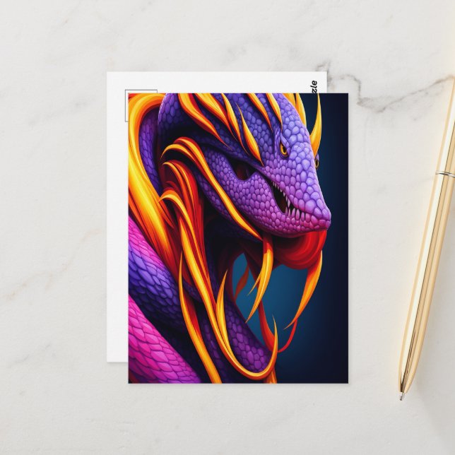 Carte Postale Cobra serpent avec écailles orange et violette vib (Devant/Arrière en situation)
