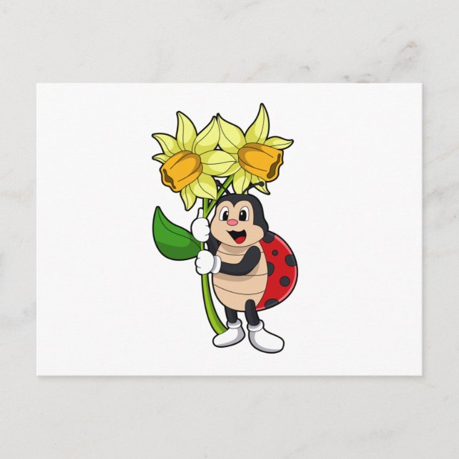 Carte Postale Coccinelle avec fleur de jonquille (Devant)