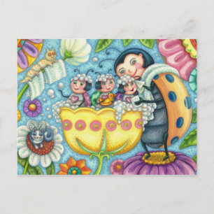 CARTE POSTALE COCCINELLE MÈRE ET ENFANTS, BAIN MOUSSANT TULIPE