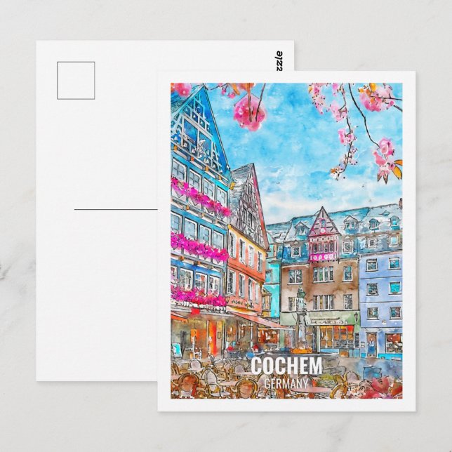 Carte Postale Cochem Allemagne Travel Place Aquarelle (Devant / Derrière)