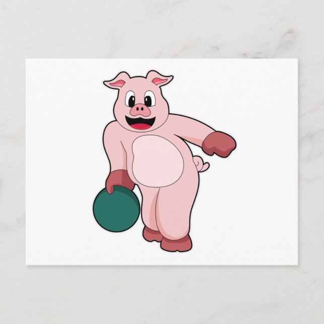 Carte Postale Cochon à Bowling avec balle de Bowling (Devant)