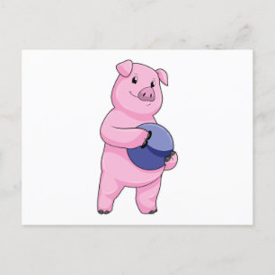Carte Postale Cochon à Bowling avec balle de Bowling