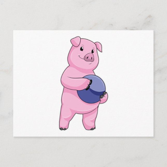Carte Postale Cochon à Bowling avec balle de Bowling (Devant)
