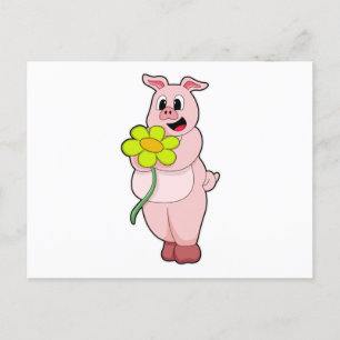 Carte Postale Cochon à fleurs jaunes