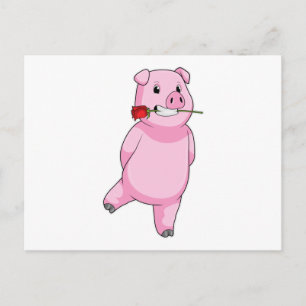 Carte Postale Cochon à la fleur de rose