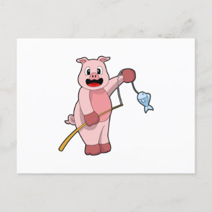 Carte Postale Cochon à la pêche avec la canne à pêche et le pois