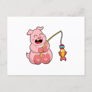 Carte Postale Cochon à la pêche avec poisson