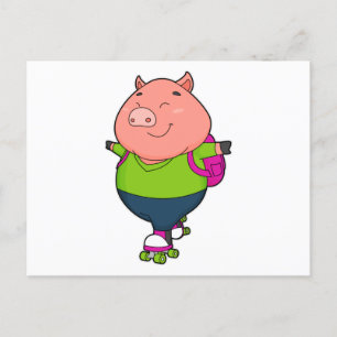 Carte Postale Cochon à Patinage en ligne avec patins à rouleaux