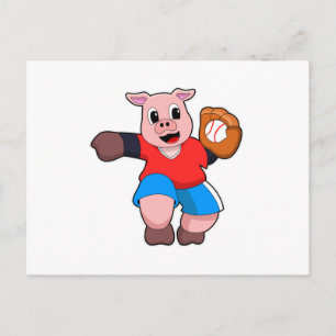 Carte Postale Cochon au baseball avec gant de baseball