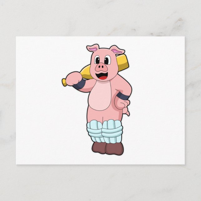 Carte Postale Cochon au cricket avec batte de cricket (Devant)