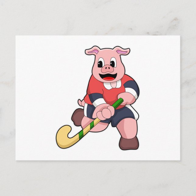 Carte Postale Cochon au hockey avec une batte de hockey (Devant)