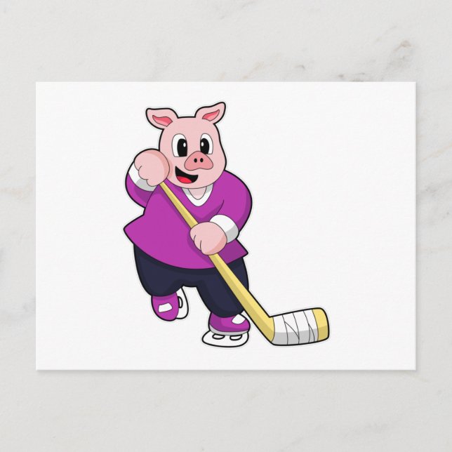 Carte Postale Cochon au hockey sur glace avec un bâton de hockey (Devant)