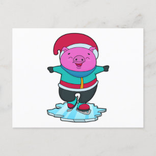 Carte Postale Cochon au patinage sur glace avec patins à glace e