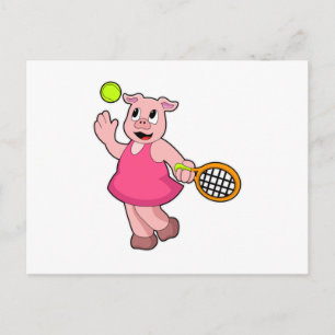 Carte Postale Cochon au tennis avec une raquette de tennis