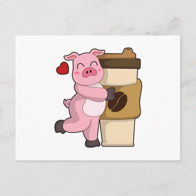 Carte Postale Cochon avec café pour aller (Devant)
