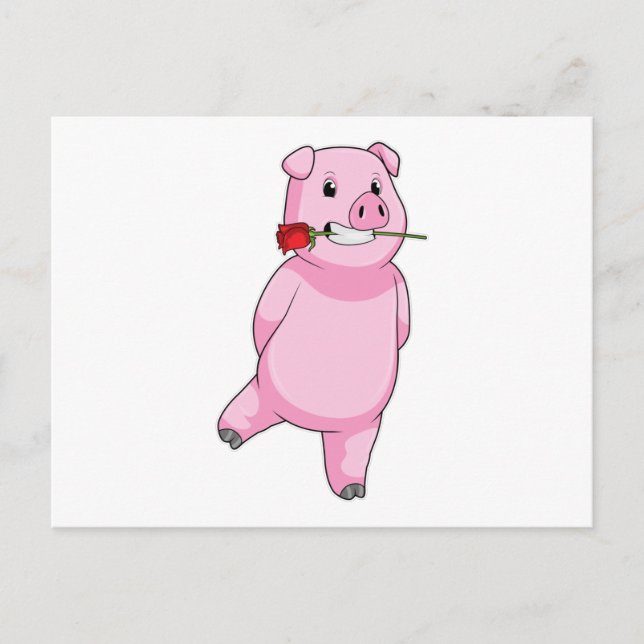 Carte Postale Cochon avec Fleur de Rose (Devant)