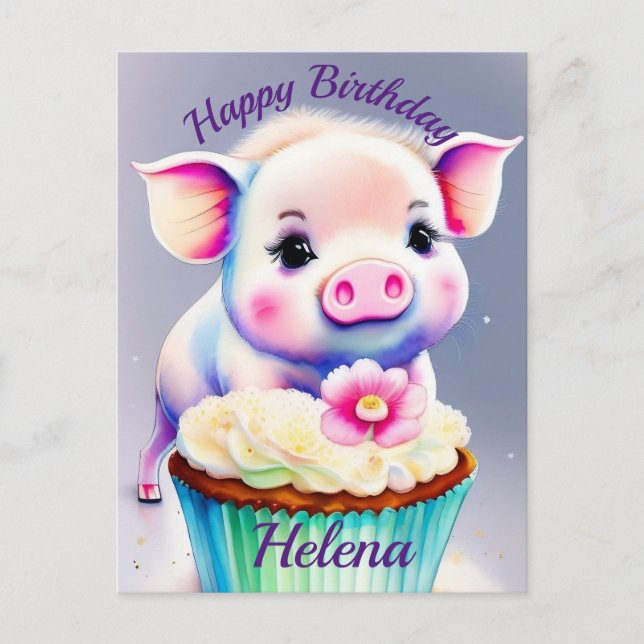Carte Postale Cochon avec image cupcake en couleur (Devant)