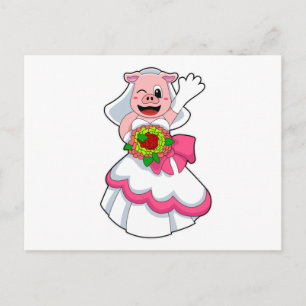 Carte Postale Cochon avec robe de mariée et bouquet de fleurs