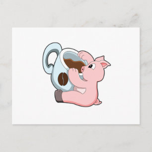 Carte Postale Cochon avec tasse de café