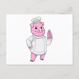 Carte Postale Cochon comme cuisinier avec casquette chef